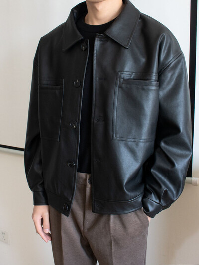 Tavaszi őszi laza motorkerékpár rövid bőrruházat férfi retro pu bőrkabát alkalmi kültéri viselet egysoros csat