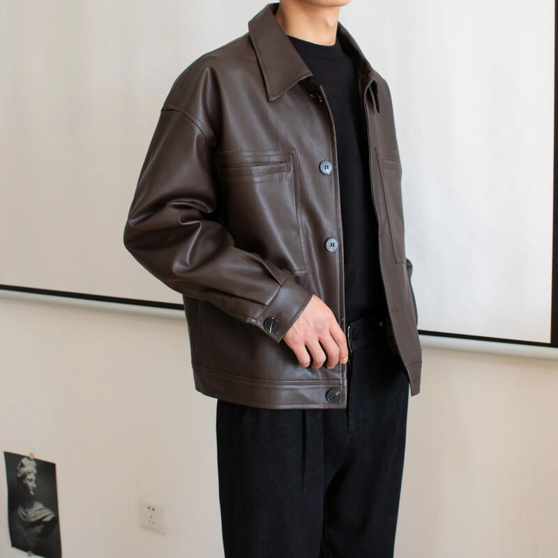 Tavaszi őszi laza motorkerékpár rövid bőrruházat férfi retro pu bőrkabát alkalmi kültéri viselet egysoros csat