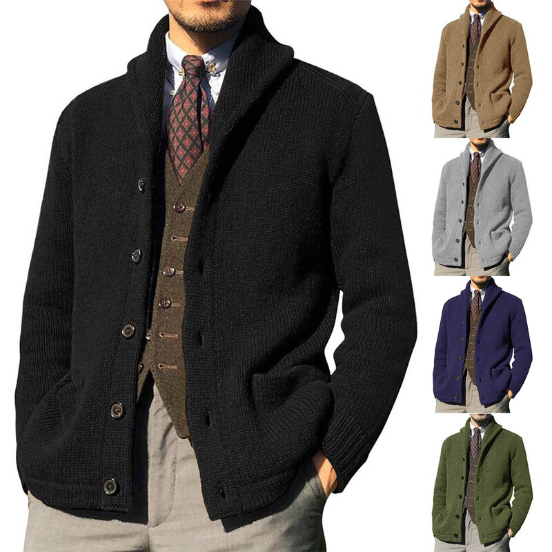 Vyriški megztiniai megztiniai, atvartai ilgomis rankovėmis, pastorinti megztiniai Vyriški rudens žiema kietos sagos, šilti megztiniai paltai