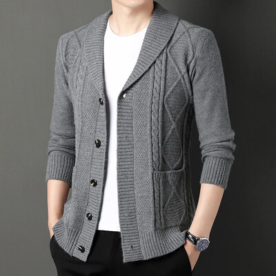 Férfi kardigán gyémánt kockás vastag gyapjú, meleg divatos hosszú ujjú, alkalmi kardigán kötött férfi pulóver