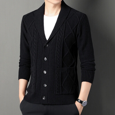 Férfi kardigán gyémánt kockás vastag gyapjú, meleg divatos hosszú ujjú, alkalmi kardigán kötött férfi pulóver
