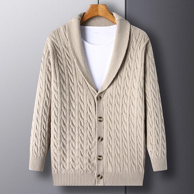Férfi kardigán gyémánt kockás vastag gyapjú, meleg divatos hosszú ujjú, alkalmi kardigán kötött férfi pulóver