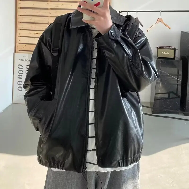 Trendi művészi új pu bőr férfi dzseki, alkalmi menő, cipzáras Harajuku stílus, fiatalos tavaszi szezon műbőr kabát