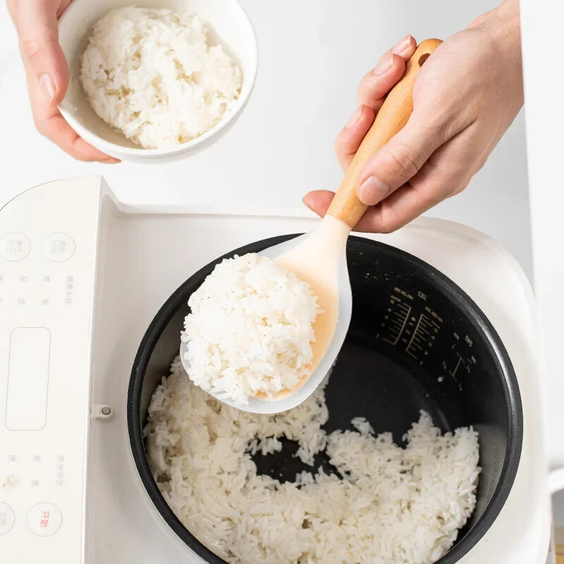 1 buc lingură din silicon cu mâner din lemn spatulă antiaderentă pentru oală izolație termică lingură rezistentă la căldură pentru aragazul de orez pentru casă