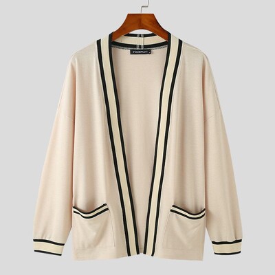 INCERUN Vīriešu jaciņa, raibs ar atvērtu dūrienu, trikotāžas trikotāžas, garām piedurknēm, ikdienas vīriešu džemperi, 2023. gada ielas apģērbs, rudens vīriešu kimono S-5XL