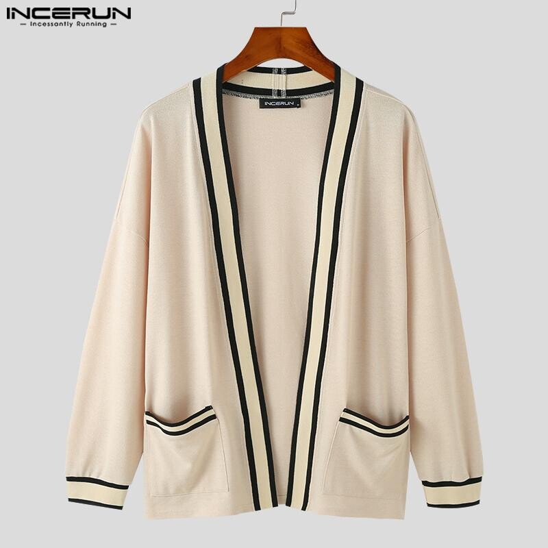 INCERUN Vīriešu jaciņa, raibs ar atvērtu dūrienu, trikotāžas trikotāžas, garām piedurknēm, ikdienas vīriešu džemperi, 2023. gada ielas apģērbs, rudens vīriešu kimono S-5XL