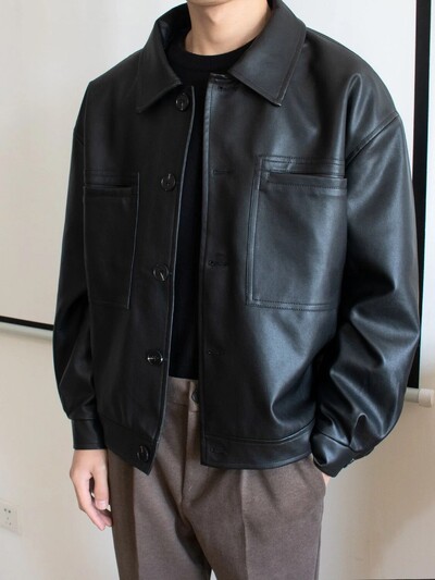 Primăvară Toamnă Motocicletă largi haine scurte din piele bărbați retro jachetă din piele PU îmbrăcăminte ocazională în aer liber Cataramă cu un singur rând