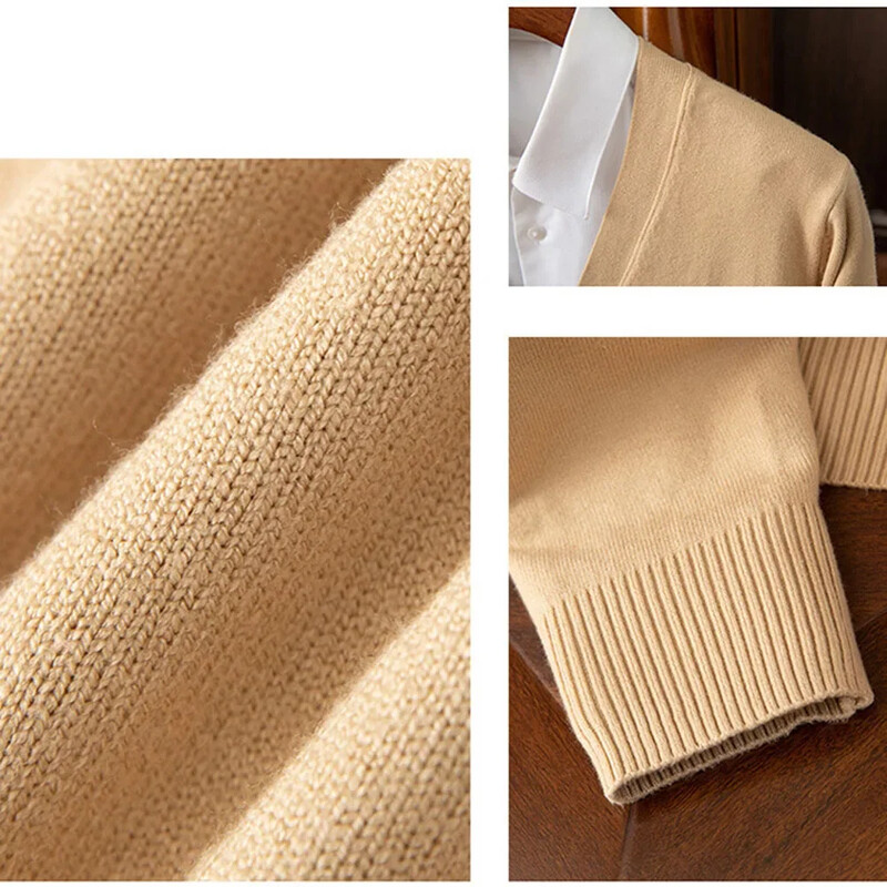 Férfi klasszikus egyszínű kötött V-nyakú kardigán meleg táskás pulóver, csúcsminőségű kabát