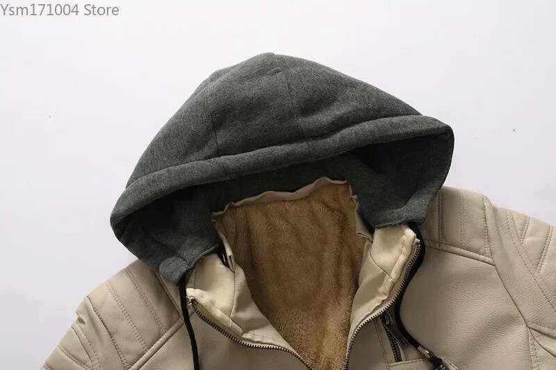 Téli férfi bőrkabát Kiváló minőségű férfi kasmír vastag meleg utcai motoros PU kabát Koreai divat férfi kapucnis kabátok