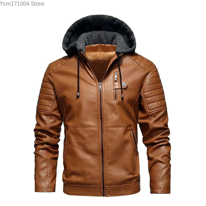 Téli férfi bőrkabát Kiváló minőségű férfi kasmír vastag meleg utcai motoros PU kabát Koreai divat férfi kapucnis kabátok