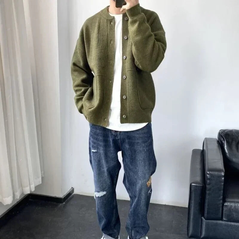 Férfi ruhák, kerek galléros, sima kötött férfi pulóverek, nyakú, egyszínű kardigán zöld fekete japán harajuku divatos nyakú
