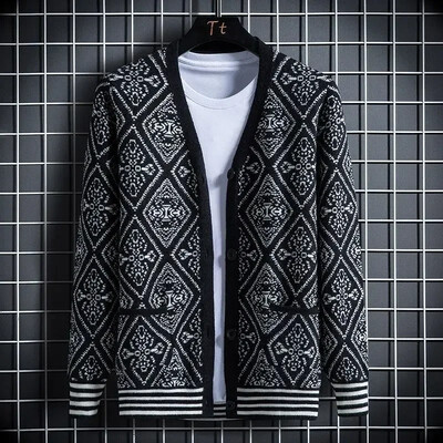 Férfi ruhák Kockás V nyakú kardigán kötött férfi pulóverek zsebekkel kék kiváló minőségű replika Olcsó koreai őszi nagy méretű