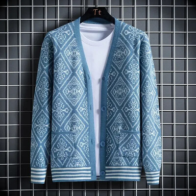 Férfi ruhák Kockás V nyakú kardigán kötött férfi pulóverek zsebekkel kék kiváló minőségű replika Olcsó koreai őszi nagy méretű