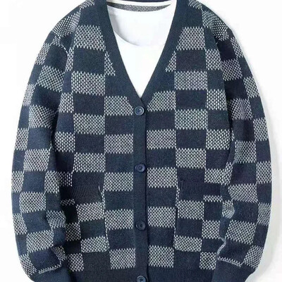 Férfi ruhák Kockás V nyakú kardigán kötött férfi pulóverek zsebekkel kék kiváló minőségű replika Olcsó koreai őszi nagy méretű