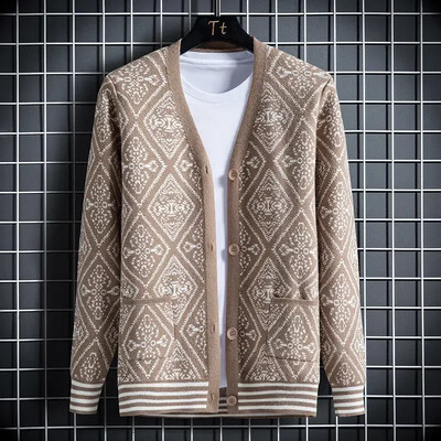 Férfi ruhák Kockás V nyakú kardigán kötött férfi pulóverek zsebekkel kék kiváló minőségű replika Olcsó koreai őszi nagy méretű