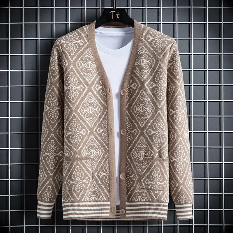 Férfi ruhák Kockás V nyakú kardigán kötött férfi pulóverek zsebekkel kék kiváló minőségű replika Olcsó koreai őszi nagy méretű