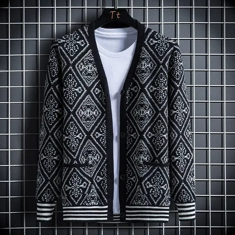 Férfi ruhák Kockás V nyakú kardigán kötött férfi pulóverek zsebekkel kék kiváló minőségű replika Olcsó koreai őszi nagy méretű