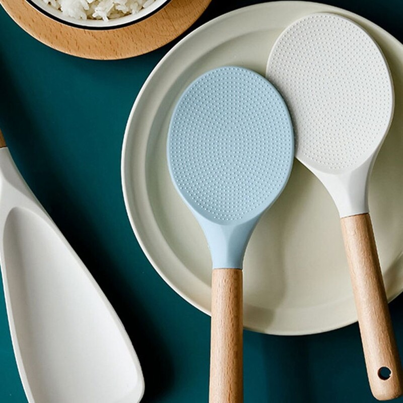 Környezetbarát szilikon rizskanál fa nyél, tapadásmentes rizsfőző lapát étel főzőkanál Konyhai kiegészítők