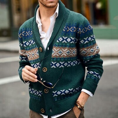 Férfi alkalmi pulóver őszi és téli kötött kardigán hajtókával és hosszú ujjú jacquard pulóver dzseki ruházat