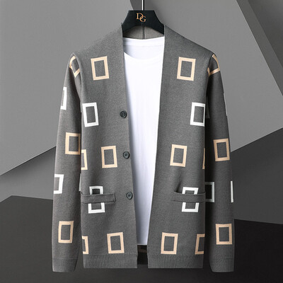 Vīriešu rudens ziemas kašmira pleds apdruka Trikotāžas jaciņa Mode Skaista ar garām piedurknēm jaka jaka Mīksts, silts vīriešu džempera mētelis