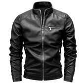 Jachetă din piele pentru motocicletă pentru bărbați, primăvară, toamnă, la modă, slim fit, guler negru, culoare solidă, haină rezistentă la vânt, jachete pentru motocicliști