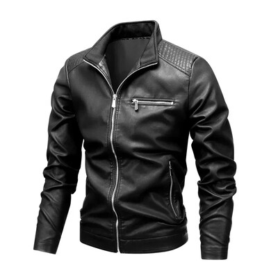 Jachetă din piele pentru motocicletă pentru bărbați, primăvară, toamnă, la modă, slim fit, guler negru, culoare solidă, haină rezistentă la vânt, jachete pentru motocicliști