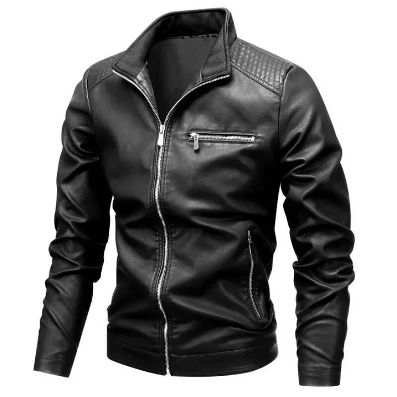 Jachetă din piele pentru motocicletă pentru bărbați, primăvară, toamnă, la modă, slim fit, guler negru, culoare solidă, haină rezistentă la vânt, jachete pentru motocicliști