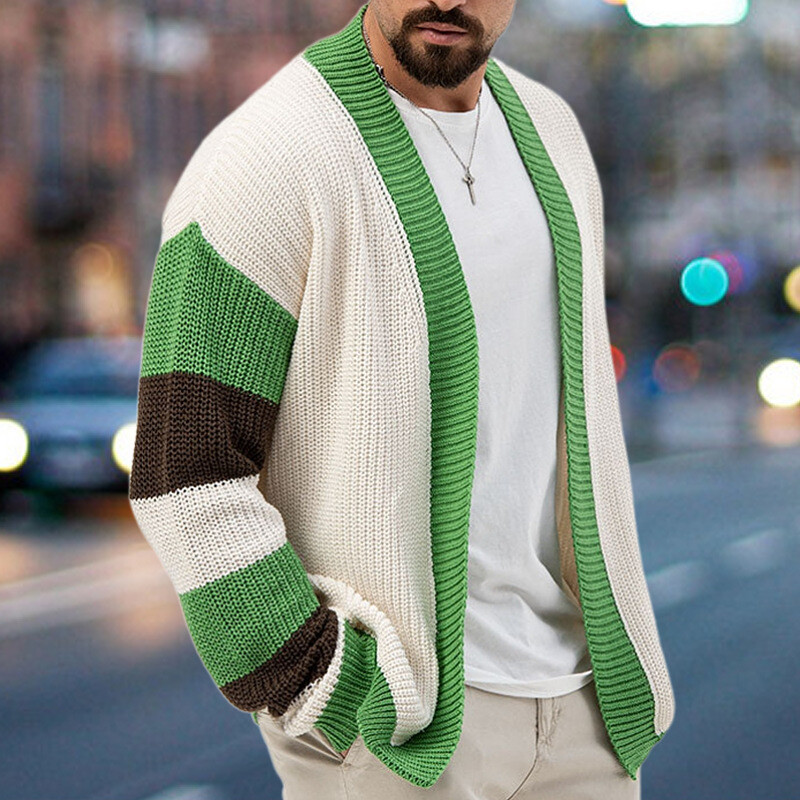 Forrón eladó férfi kötött pulóver laza, kontrasztos színű gyapjú kardigán dzseki, vastag divatos, alkalmi férfi pulóver