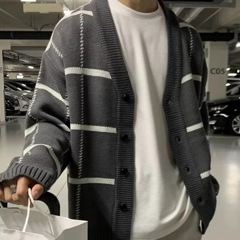Férfi pulóver Kardigán V-nyakú, hosszú ujjú, kockás nyomtatott kötöttáru Kardigán egysoros, laza szabású pulóverkabát őszi télre