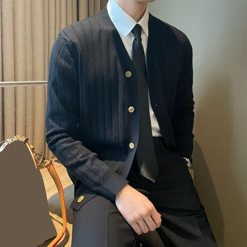 V-nyakú kardigán pulóver férfi V-nyakú kötött kardigán pulóver vastag, meleg szélálló kabát őszi-téli hétköznapi viselethez