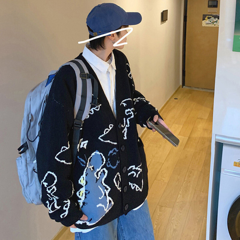 Abfer rudens lielizmēra jaka vīriešiem, trikotāžas dinozauru džemperis, ielas apģērbs, brīvs vīriešu sieviešu mētelis, 2021. gada logotips, hiphopa raksts, ziema