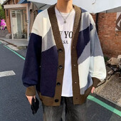 Rudens ziema moderns vīriešu krāsu bloks trikotāžas jakas džemperis brīvi pieguļošs V veida kakla izgriezums jauniešu modes top puloveri apkakles materiāls