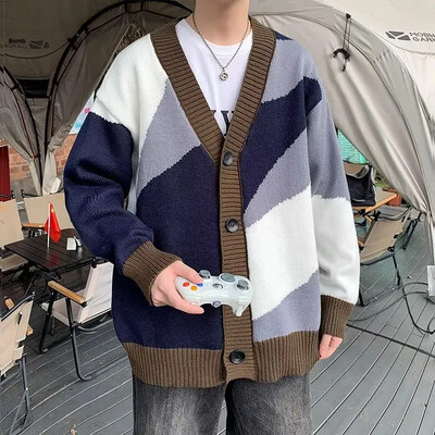 Rudens ziema moderns vīriešu krāsu bloks trikotāžas jakas džemperis brīvi pieguļošs V veida kakla izgriezums jauniešu modes top puloveri apkakles materiāls