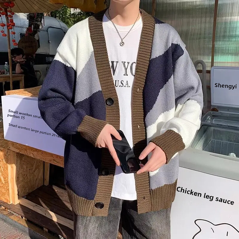 Rudens ziema moderns vīriešu krāsu bloks trikotāžas jakas džemperis brīvi pieguļošs V veida kakla izgriezums jauniešu modes top puloveri apkakles materiāls