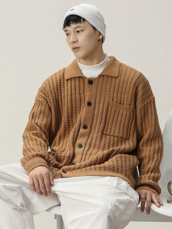Férfi kardigánok Egyszerű napi meleg tavaszi őszi lehajtható gallér zseb Redős koreai stílusú Retro tömör férfi kötöttáru Trendi puha