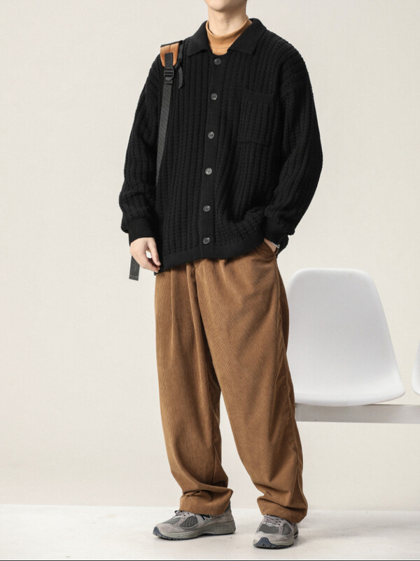 Férfi kardigánok Egyszerű napi meleg tavaszi őszi lehajtható gallér zseb Redős koreai stílusú Retro tömör férfi kötöttáru Trendi puha