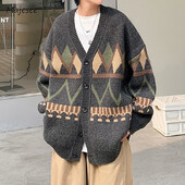 Argyle Férfi Kardigánok Klasszikus, Haladó, Fiatalos Japán stílusú V-nyakú, paneles tavaszi őszi slouchy kötöttáru Népszerű