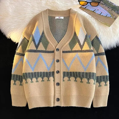 Argyle Férfi Kardigánok Klasszikus, Haladó, Fiatalos Japán stílusú V-nyakú, paneles tavaszi őszi slouchy kötöttáru Népszerű