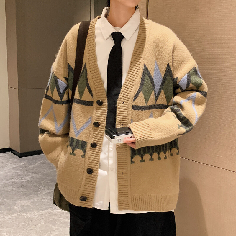 Argyle Férfi Kardigánok Klasszikus, Haladó, Fiatalos Japán stílusú V-nyakú, paneles tavaszi őszi slouchy kötöttáru Népszerű