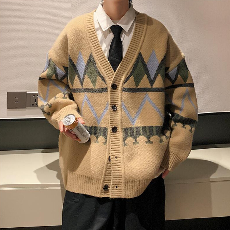 Argyle Férfi Kardigánok Klasszikus, Haladó, Fiatalos Japán stílusú V-nyakú, paneles tavaszi őszi slouchy kötöttáru Népszerű