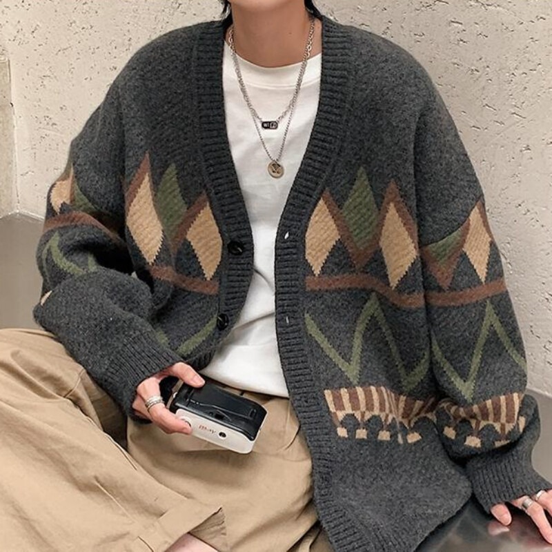 Argyle Férfi Kardigánok Klasszikus, Haladó, Fiatalos Japán stílusú V-nyakú, paneles tavaszi őszi slouchy kötöttáru Népszerű
