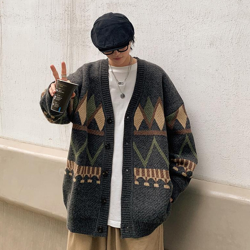 Argyle Férfi Kardigánok Klasszikus, Haladó, Fiatalos Japán stílusú V-nyakú, paneles tavaszi őszi slouchy kötöttáru Népszerű