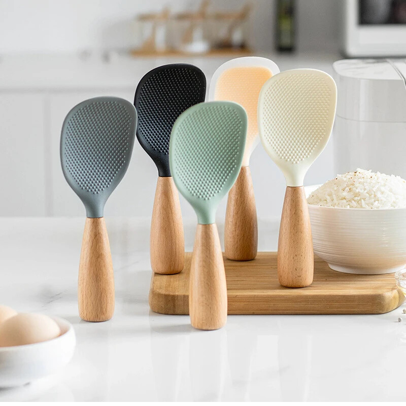 Silikoninis ryžių kaušelis medinės rankenos stovimas ryžių plovimo kaušas Nelipnus ryžių koštuvas šaukštas ryžių virimo šaukštas