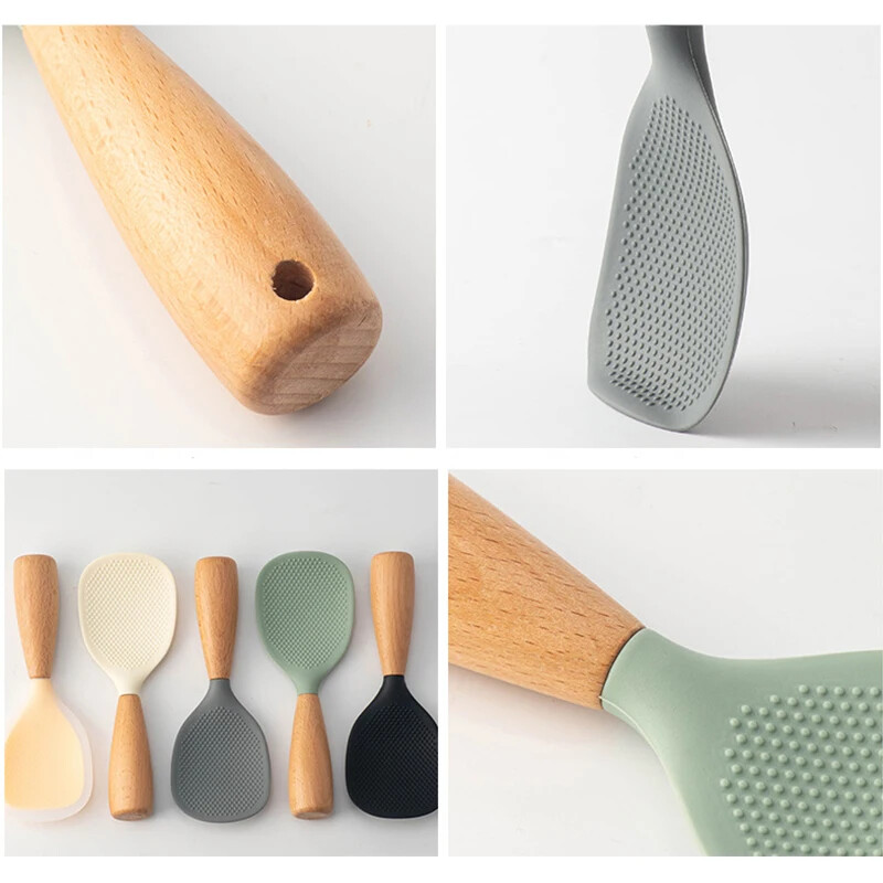 Silikoninis ryžių kaušelis medinės rankenos stovimas ryžių plovimo kaušas Nelipnus ryžių koštuvas šaukštas ryžių virimo šaukštas