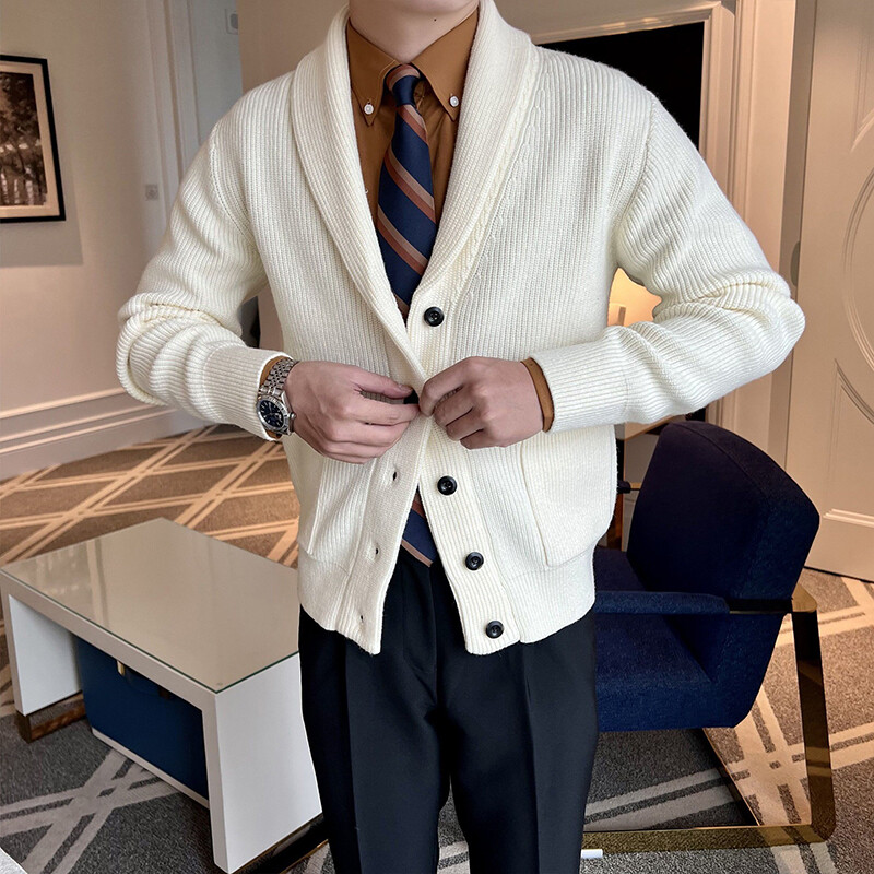 2024-es téli férfi kötött luxusgombos kardigán pulóverkabát, hosszú ujjú, hétköznapi utcai ruházat, gallér, tömör vintage kabát