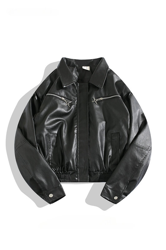 Férfi motorversenyző PU bőrkabát őszi téli hongkongi stílusú High Street hosszú ujjú, bő hip-hop rövid cipzáros kabátok