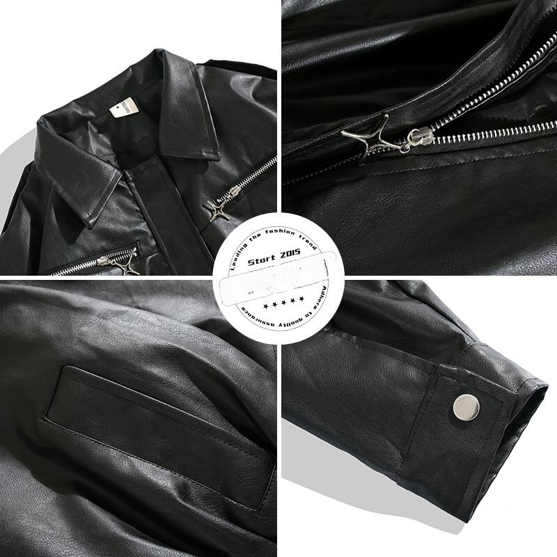 Férfi motorversenyző PU bőrkabát őszi téli hongkongi stílusú High Street hosszú ujjú, bő hip-hop rövid cipzáros kabátok