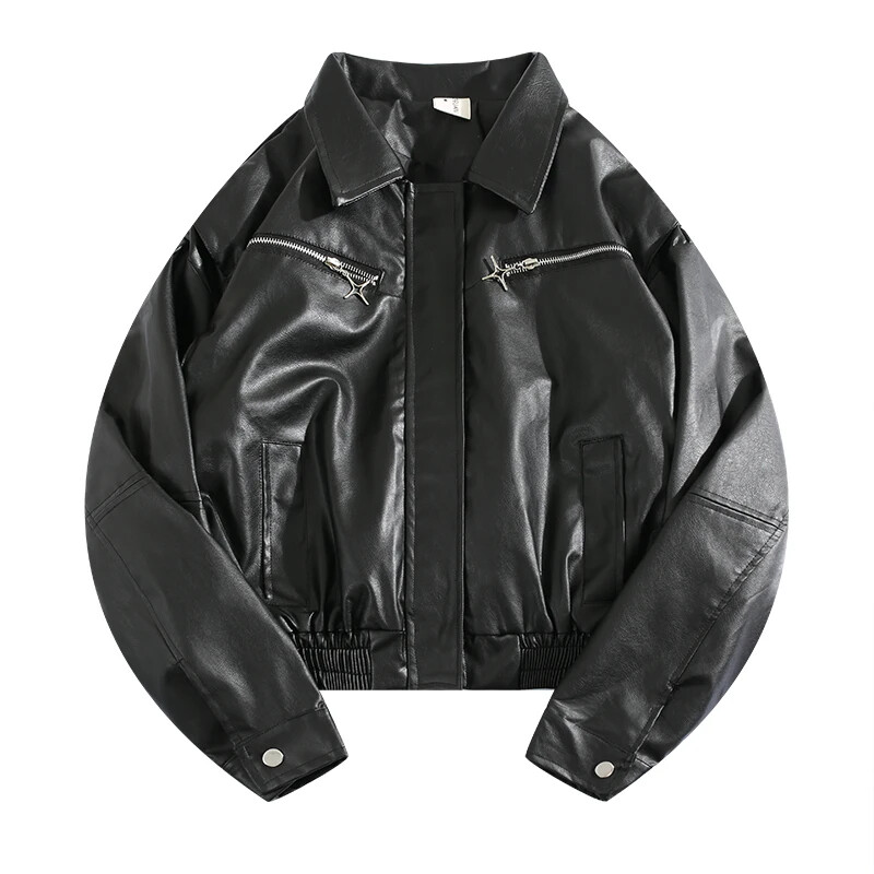 Férfi motorversenyző PU bőrkabát őszi téli hongkongi stílusú High Street hosszú ujjú, bő hip-hop rövid cipzáros kabátok