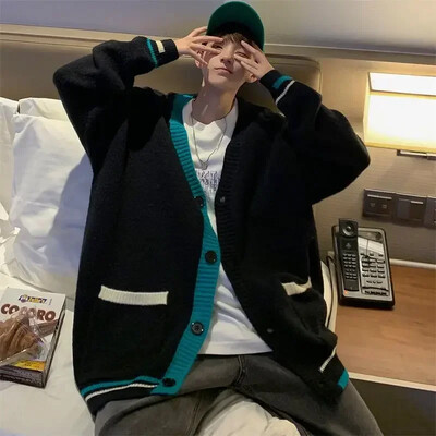 Kötött férfi pulóverek Kék kabát Férfi Ruhák Kardigán V Nyakú Kabát Patchwork Tavasz Ősz Japán Harajuku divat Gyapjú X