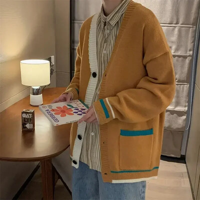 Kötött férfi pulóverek Kék kabát Férfi Ruhák Kardigán V Nyakú Kabát Patchwork Tavasz Ősz Japán Harajuku divat Gyapjú X